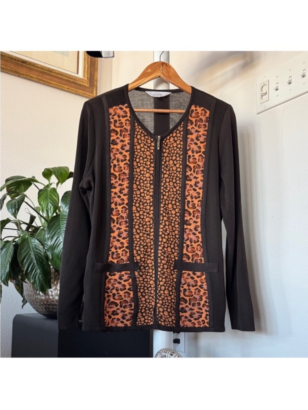 Exclusively Misook Leopard Brown Knit Sweater Cardigan Jacket Sz L Full zip